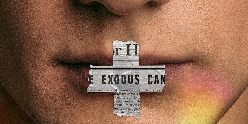 A close-up of a face with a cross made of newspaper over the lips. The cross says "exodus"