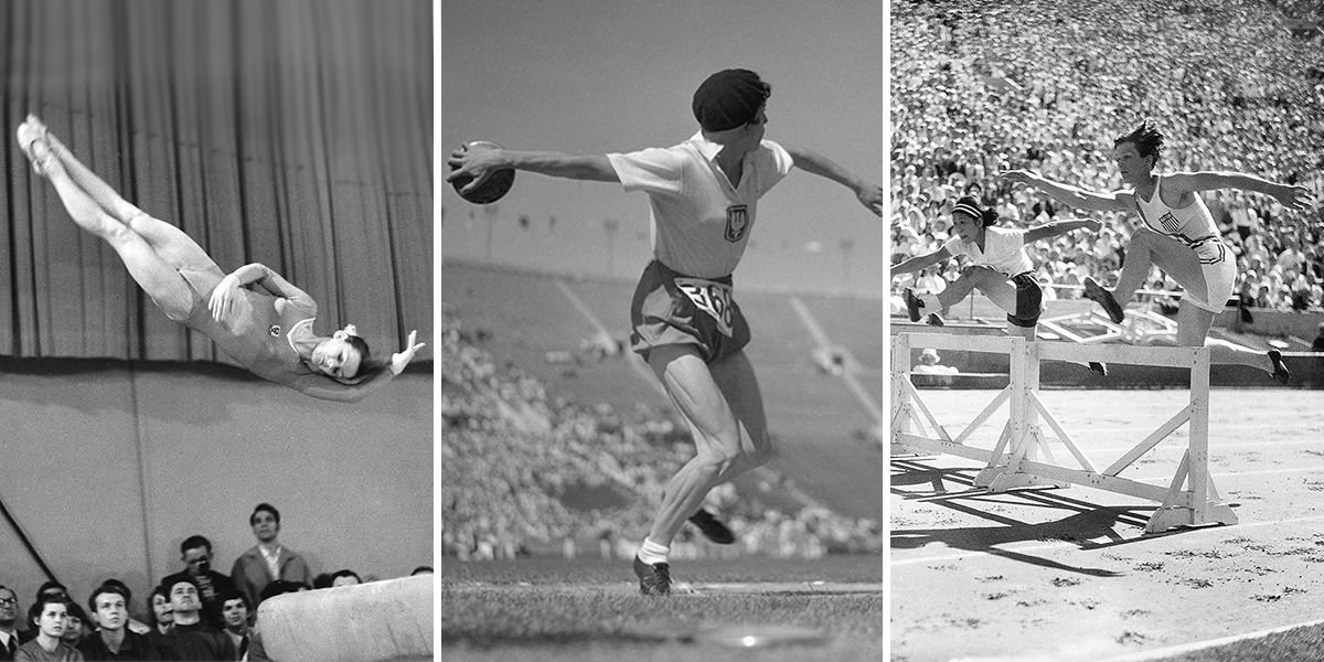 Three photo collage: Karin Büttner-Janz, Stella Walsh, and Babe Didrickson compete in the balance beam, disc throw, and hurdles, respectively