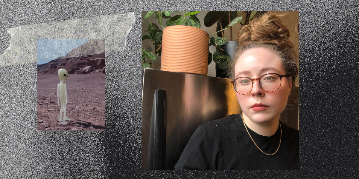 Feature image of Rachel next to a houseplant, with a shot of an alien taped next to her