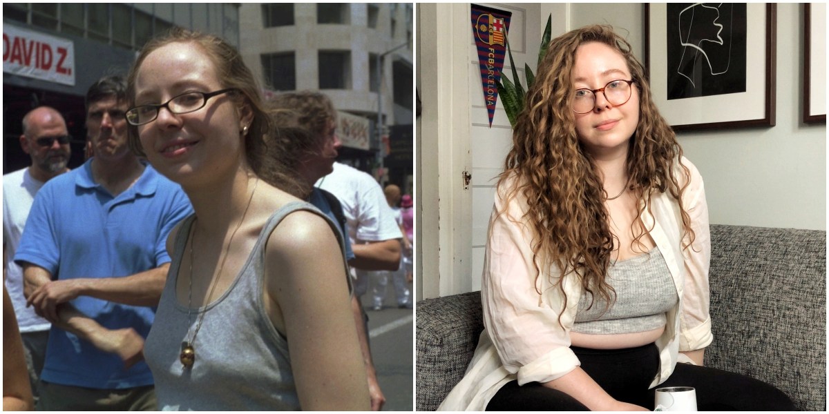 On the left, an aged photo of a very young and thin Rachel with hair pulled back in bright sun in the middle of a Pride parade; on the right, an older picture of present-day Rachel at 32 sitting on her apartment couch and smiling with a cup of tea