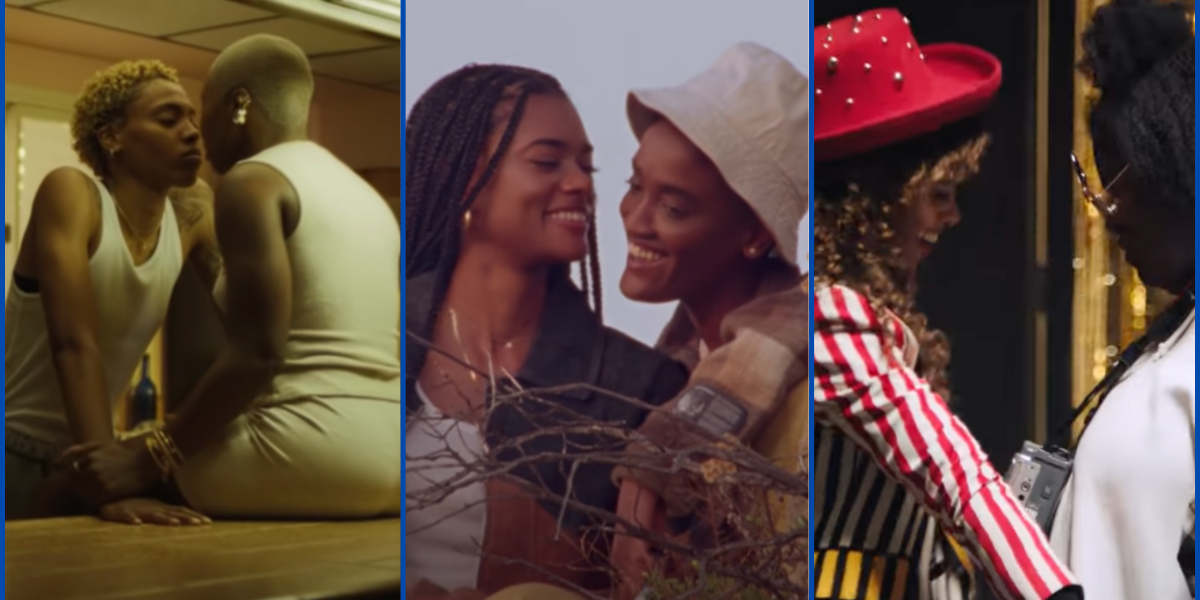 image shows three screenshots from three differernt music videos where each lead singer is posing with a thin romantic love interest.