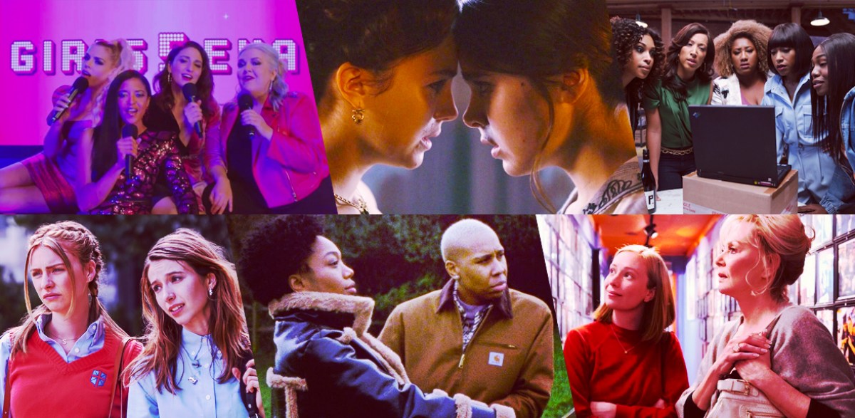 Stills from nominees for Outstanding Comedy Series, left to right: Girls 5Eva, Dickinson, A Black Lady Sketch Show, Teenage Bounty Hunters, Master of None Presents: Moments in Love, Hacks