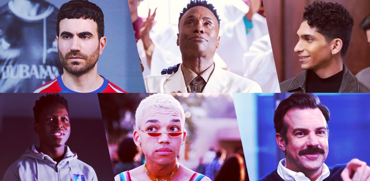 Stills of nominees for Outstanding Cis Male Character: Brett Goldstein as Roy Kent, Ted Lasso; Billy Porter as Pray Tell, Pose; Angel Bismark Curiel as Esteban "Lil Papi" Evangelista, Pose; Toheeb Jimoh as Sam Obisanya, Ted Lasso; Justice Smith as Chester Morris, Genera+ion; Jason Sudeikis as Ted Lasso, Ted Lasso