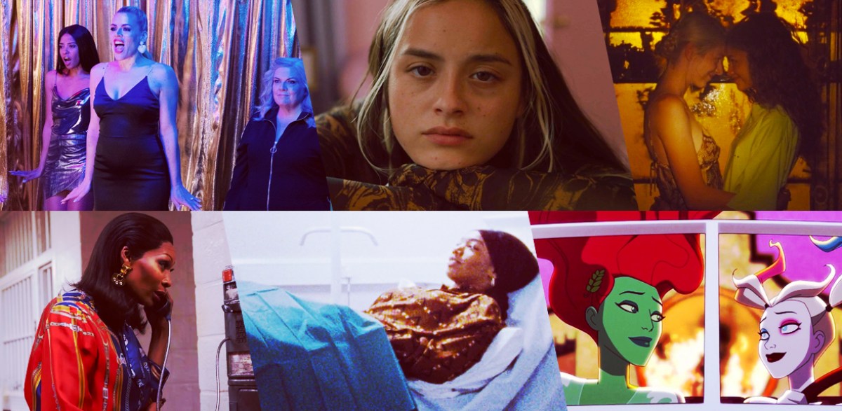 Stills of nominees for Best Episode with LGBTQ+ Themes: “Cease and Desist,” Girls5Eva; “CLICK WHIRR," Genera+ion "Fuck Anyone Who’s Not a Sea Blob," Euphoria; “The Trunk," Pose; “Chapter 4" (the pregnancy episode), Masters of None: Moments in Love; “Something Borrowed," Harley Quinn