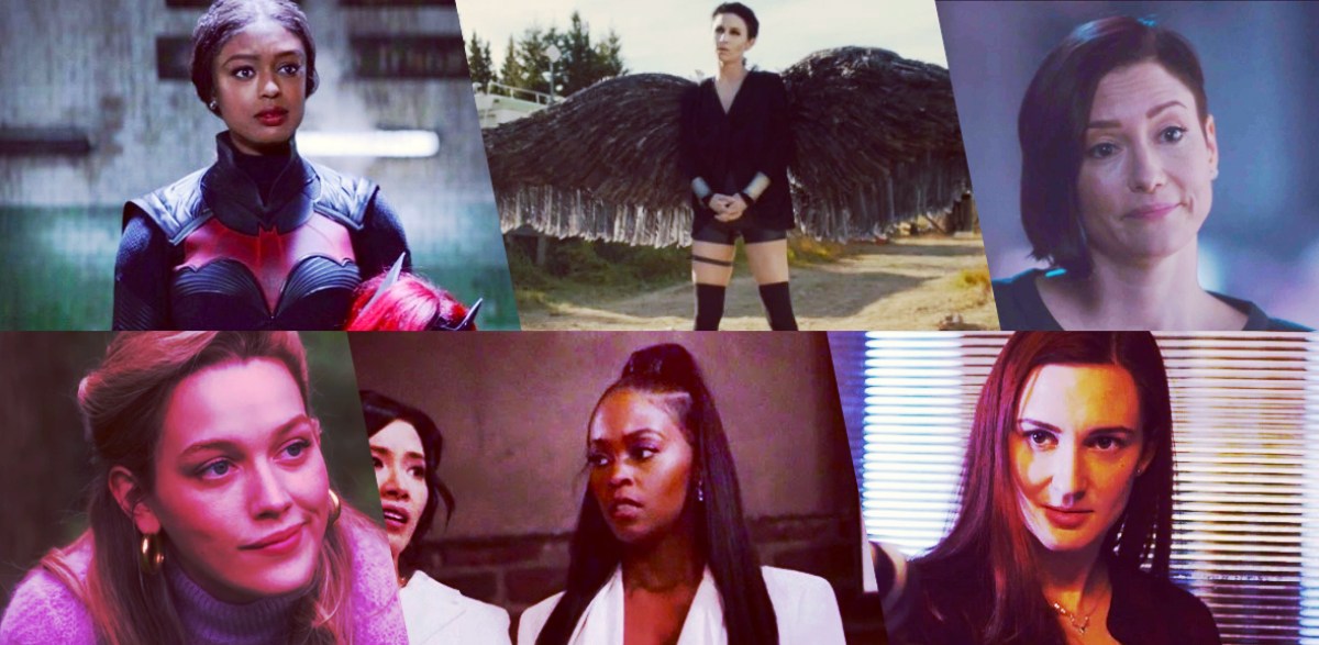 Stills of nominees for Outstanding Lead Actor Playing an LGBTQ+ Character in a Sci-Fi Series: Javicia Leslie as Ryan Wilder, Batwoman; Dominique Provost-Chalkley as Waverly Earp, Wynonna Earp; Chyler Leigh as Alex Danvers, Supergirl; Victoria Pedretti as Dani Clayton, The Haunting of Bly Manor; Nafessa Williams as Anissa Pierce, Black Lightning; Kat Barrell as Nicole Haught, Wynonna Earp