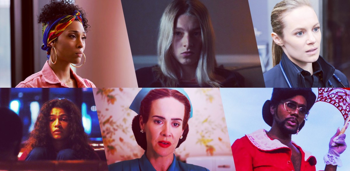 Stills of nominees for Outstanding Lead Actor Playing an LGBTQ+ Character in a Drama Series: Mj Rodriguez as Blanca Evangelista, Pose; Hunter Schafer as Jules Vaughn, Euphoria; Danielle Savre as Maya Bishop, Station 19; Zendaya as Rue Bennett, Euphoria; Sarah Paulson as Nurse Ratched, Ratched; Nicco Annan as Uncle Clifford, P-Valley