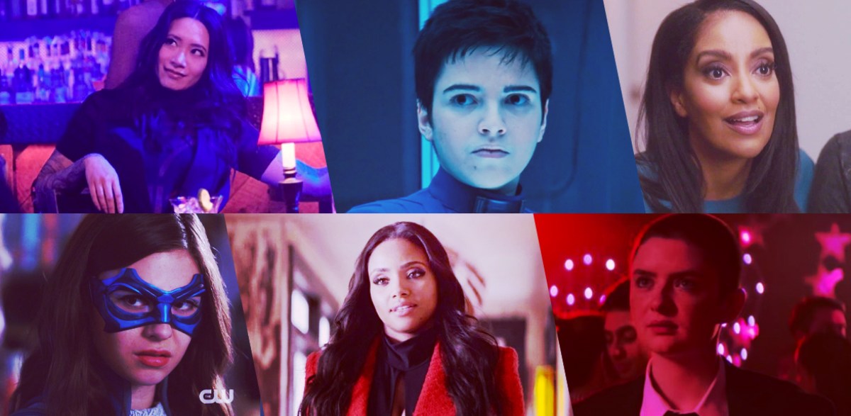 Stills of nominees for Outstanding Supporting or Guest Actor Playing an LGBTQ+ Character in a Sci-Fi Series: Chantal Thuy as Grace Choi, Black Lightning; Blu del Barrio as Adira Tal, Star Trek: Discovery; Azie Tesfai as Kelly Olsen, Supergirl; Nicole Maines as Nia Nal, Supergirl; Meagan Tandy as Sophie Moore, Batwoman; Lachlan Watson as Theo Putnam, Chilling Adventures of Sabrina