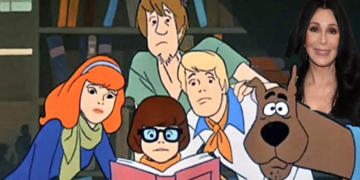 A cut out of Cher overlaid over the cast of Scooby Doo