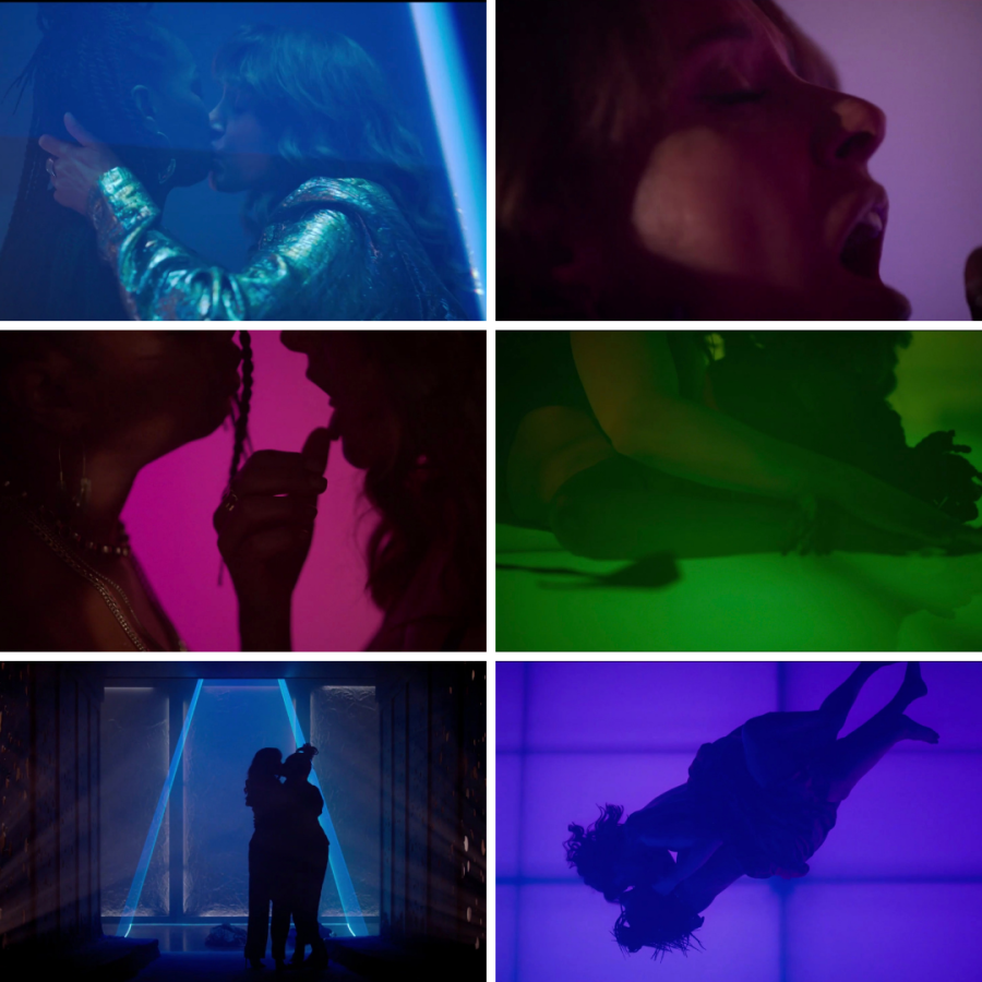 6-graphic of Bette and Pippa having sex on different surfaces under beams of many colored lights