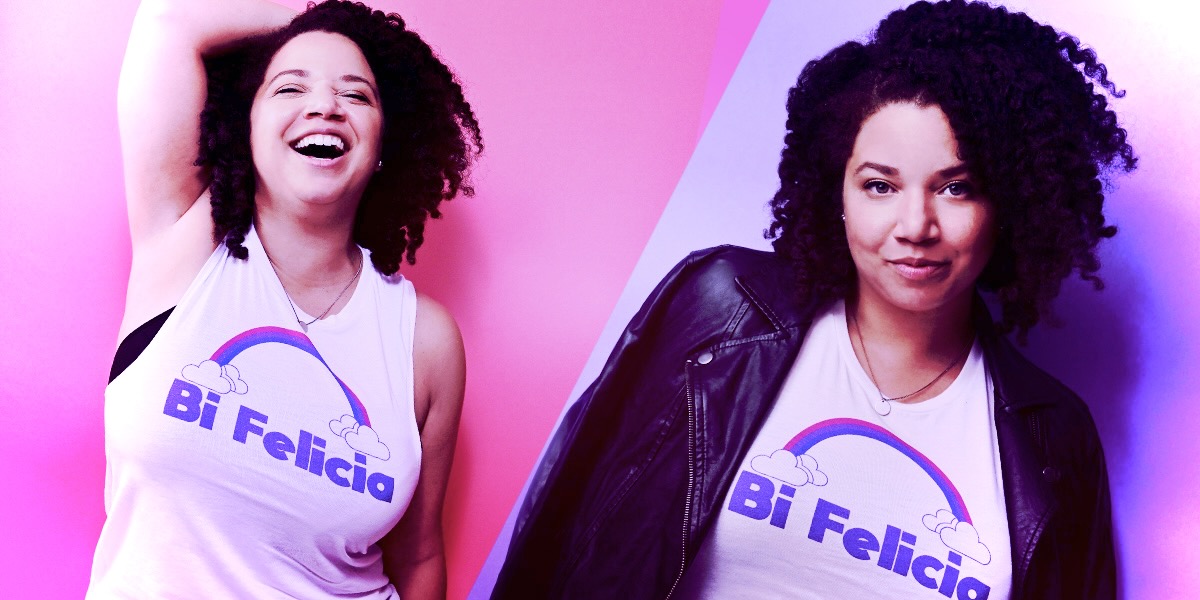 The author Felicia Filpatrick wears a shirt that says "Bi Felicia" (a play on the meme/saying, "Bye Felicia!"). She is overlaid in the colors of the pink, blue, and purple colors of the bi pride flag.