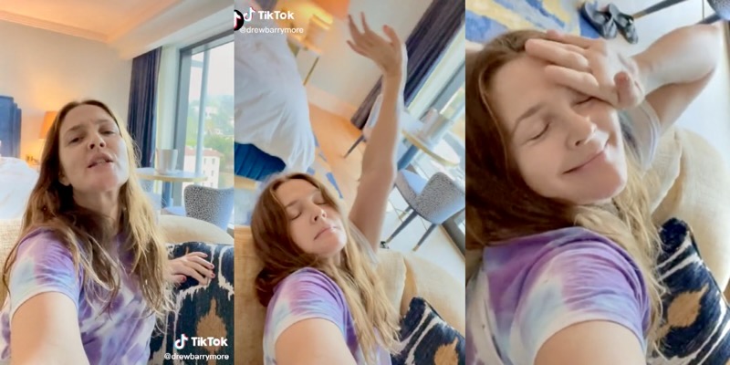 Drew Barrymore dancing around in her sunlight living room on TikTok