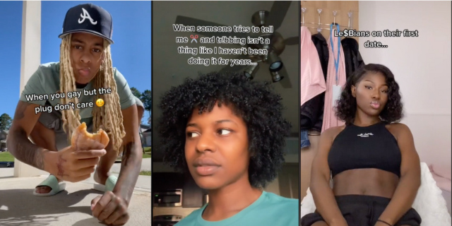 Image shows 3 images together. The first is of a Black person with blonde dreads crouching and biting a honeybun and the text over them says “When you gay but the plug don’t care”. The second is of a Black person with curly fro looking off to the side with an attitude and text over the photo that says “When someone tries to tell me scissoring and tribbing isn’t a thing like I haven’t been doing it for years. The last is of a Black woman with a short curled bob wearing all black and lips pursed with text above them that says “Lesbians on their first date”
