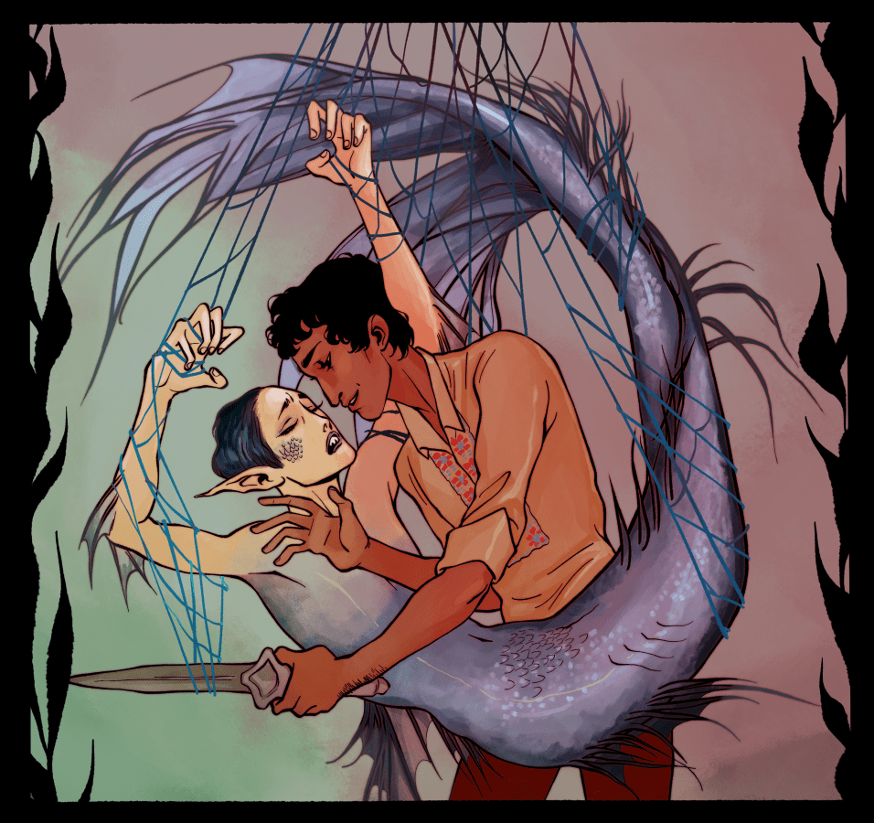 A brown-skinned masculine person cutting a femme mermaid out of a net.