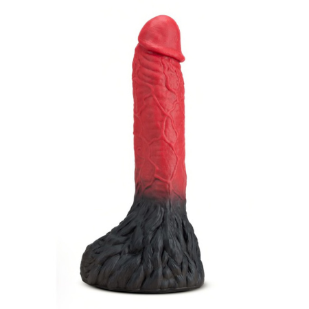 A dildo with a black base, a red shaft, veins and a hairy texture