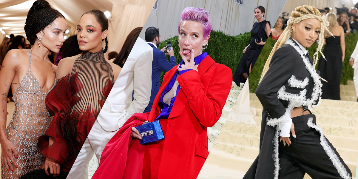 A three-fold collage of Zoe Kravitz and Tessa Thompson at 2021's Met Gala, followed by Megan Rapinoe making a silly face in a blue and red suit, and finally Amandla Stenberg in a three piece suit with white trim and blond locks pulled to the side.