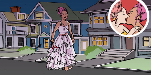 Illustration of a brown femme in a purple wig and frilly purple dress walking along a residential street at night. In the corner is a small circle depicting the brown femme kissing another person.
