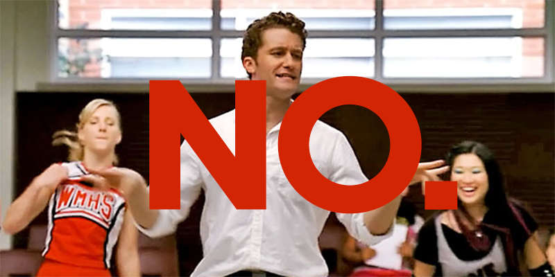 Will Schuester dancing with the word NO. written on him in red
