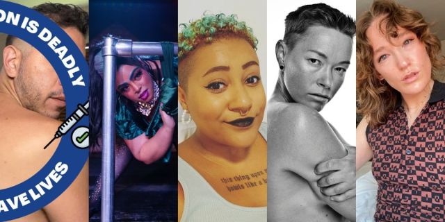 A row of images featuring five different sex workers who will talk about OnlyFans and how the policy change effects them: Jay Sea, who has short hair and facial stubble; Cruel Valentine, who wears bright makeup; Jade, who has short, green curly hair; Jiz Lee, who appears shirtless in black and white; and Sloane Jett, who has mid-length, wavy hair