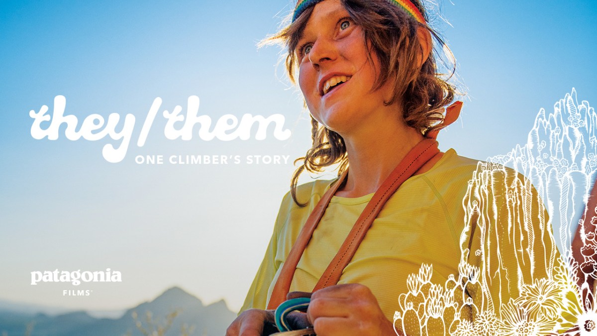 A photo of Lor Sabourin backlit by sun, with the title of their film "they/them - one climbers story", and the Patagonia films logo.
