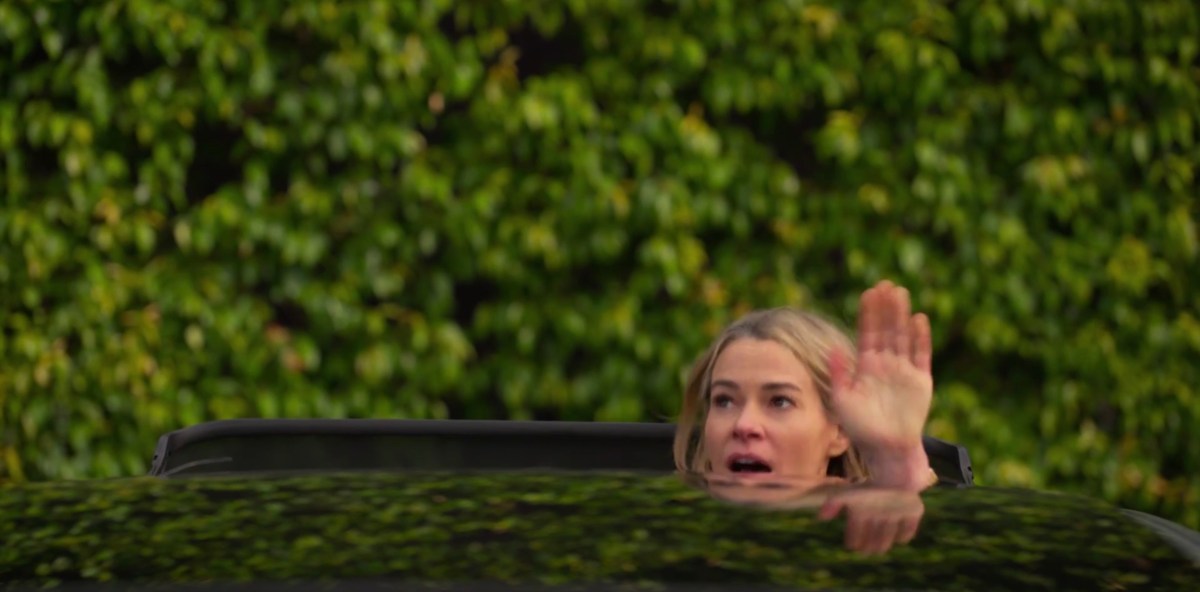 Alice's head popping out of the car hood