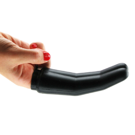 A hand with red nail polish has two fingers inside a black silicone finger extender