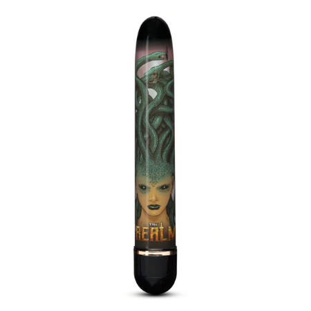 A long, slim vibrator featuring an image of Medusa