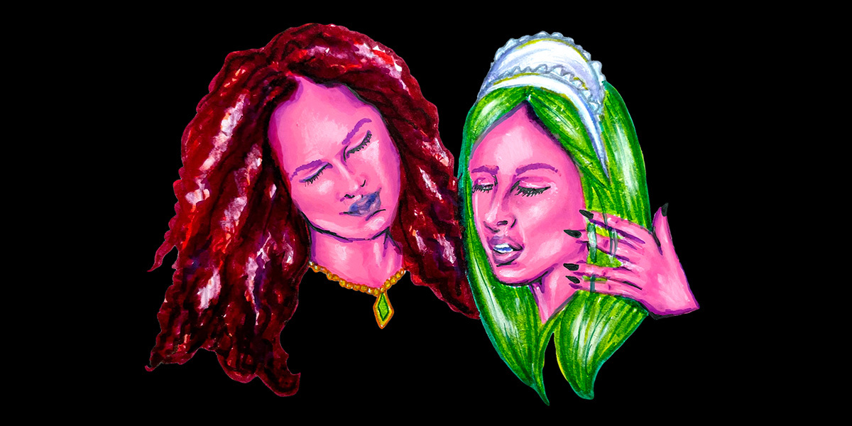 The countess, a woman with pink skin and red hair, wraps her arm around the maid, a woman with pink skin, green hair and a maid's hat, against a black background.