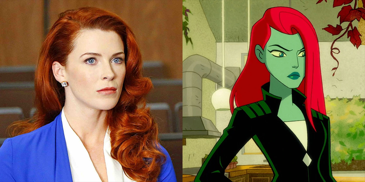 Bridget Regan with bright red hair on the left, Poison Ivy from the animated series Harley Quinn on the right