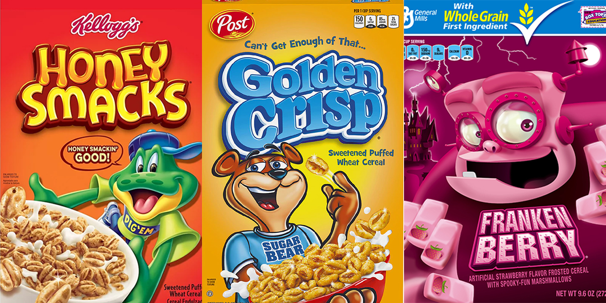 A collage of three cereals from this list: Honey Smacks frog, Golden Crisp bear, Frankenberry berry monster