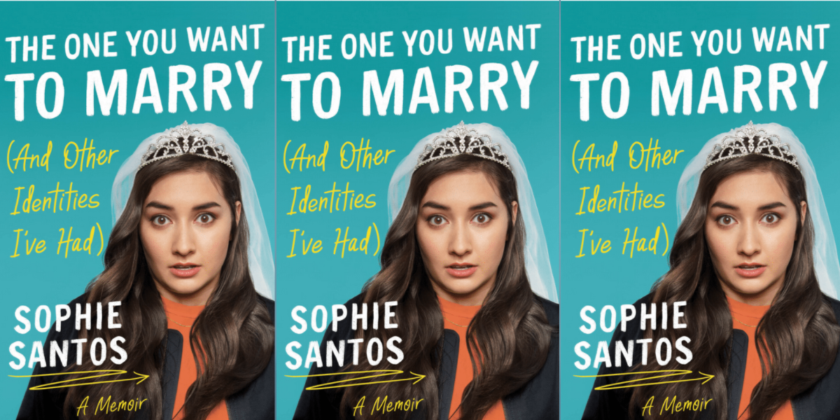 Photo shows the book cover for Sophie Santos book where she is wearing a jacket, orange shirt and a bridal veil with the text "The one you want to marry (and other identities i've had)"