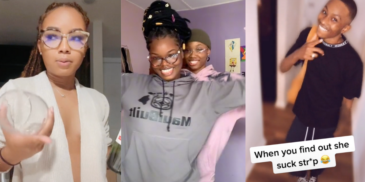 Image shows 3 images together. The first is of a Black person holding a bottle of wine and a wine glass while wearing leopard print glasses and an open cardigan looking into the camera. The second shows 2 Black people dancing together and smiling into the camera radiating love and happiness. The 3rd shows a Black person with a low fade and carrying a book bag smiling into the camera with the text below them that reads “When you find out that she sucks strap” with a smiley emoji