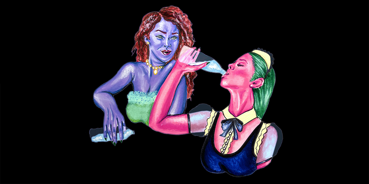 The Countess, who has a purple skin and curly red hair, watches Myra, who has pink skin and green hair and wears a maid uniform, chug from a bottle of water.