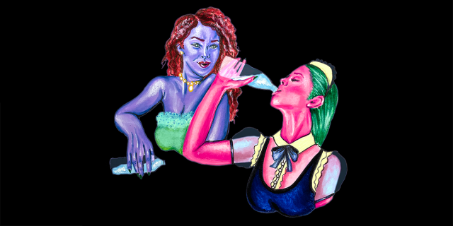 The Countess, who has a purple skin and curly red hair, watches Myra, who has pink skin and green hair and wears a maid uniform, chug from a bottle of water.