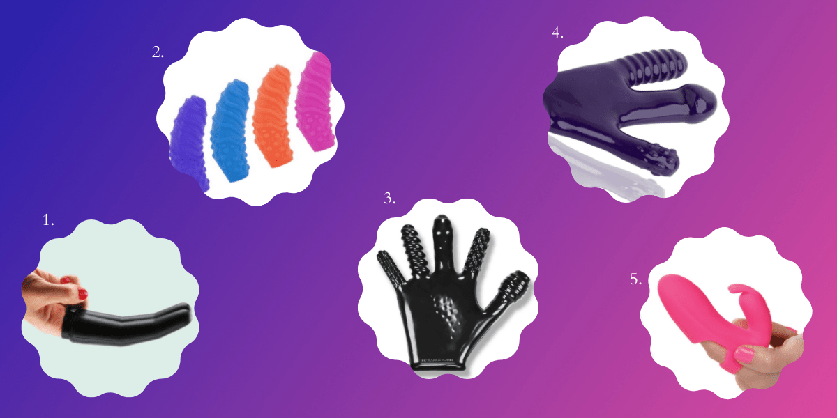 Sex toys that will help humans with long nails have lesbian sex: Images of sex toys are in bubbles on a dark purple and pink background. The toys include a black silicone finger extender, small silicone textures finger slip colors in various colors, a full glove with a different texture on each finger, another glove with just 3 fingers with different textures on the fingertips, and a small fingerslip vibrator that comes in pink.