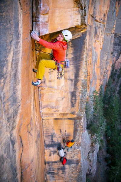 A photo of Lor Sabourin climbing.