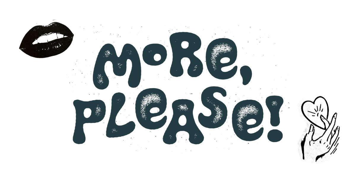 more please logo with cut outs of lips and a hand fingering a heart shape