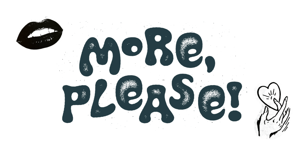 more please logo with cut outs of lips and a hand fingering a heart shape
