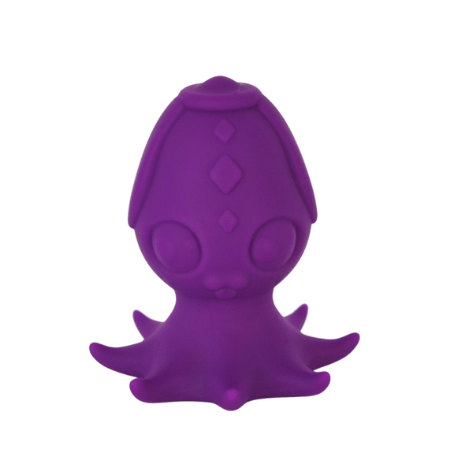 A purple silicone butt plug shaped like an alien head with large eyes. The base is shaped like tentacles.