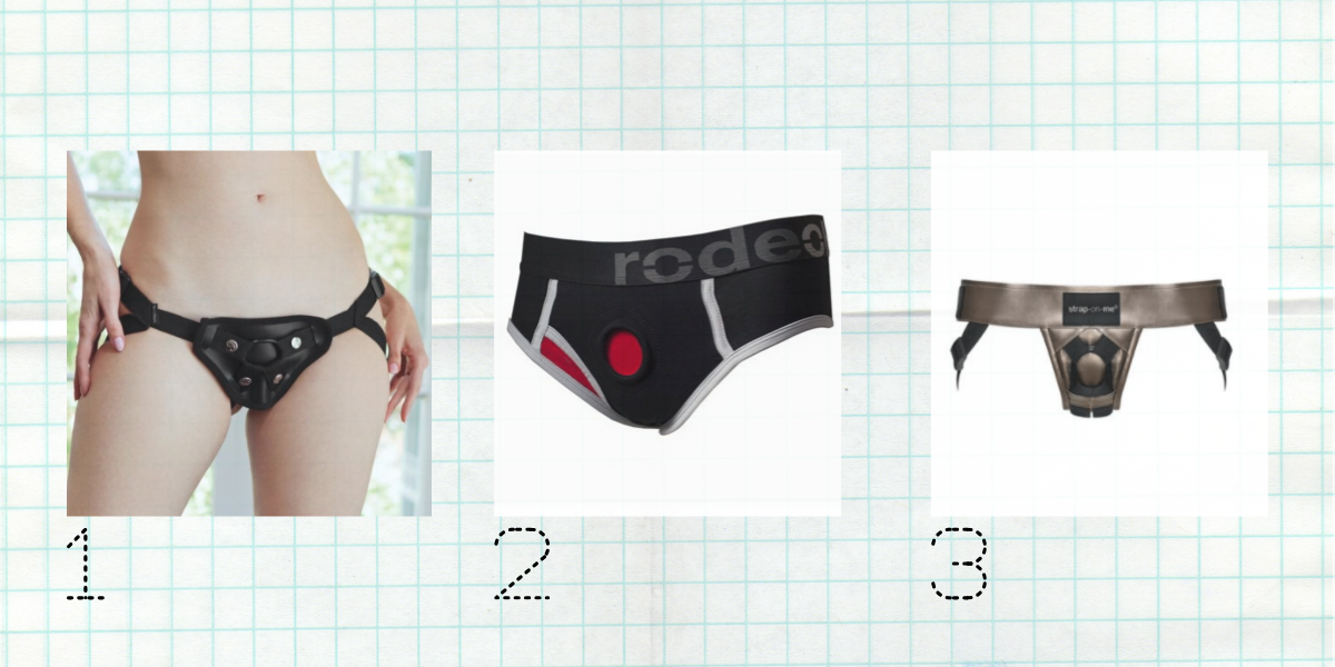 Image shows 3 different strap on styles from left to right: A black version with an ) ring and straps, An underwear version with o ring and a metallic and black version with O ring and straps