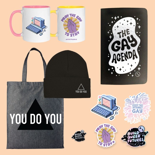an image of each of the autostraddle fundraiser perks!these include two mugs, a journal, a beanie, four stickers, a pin and a tote! please visit the perks storefront for more detailed descriptions of each item.