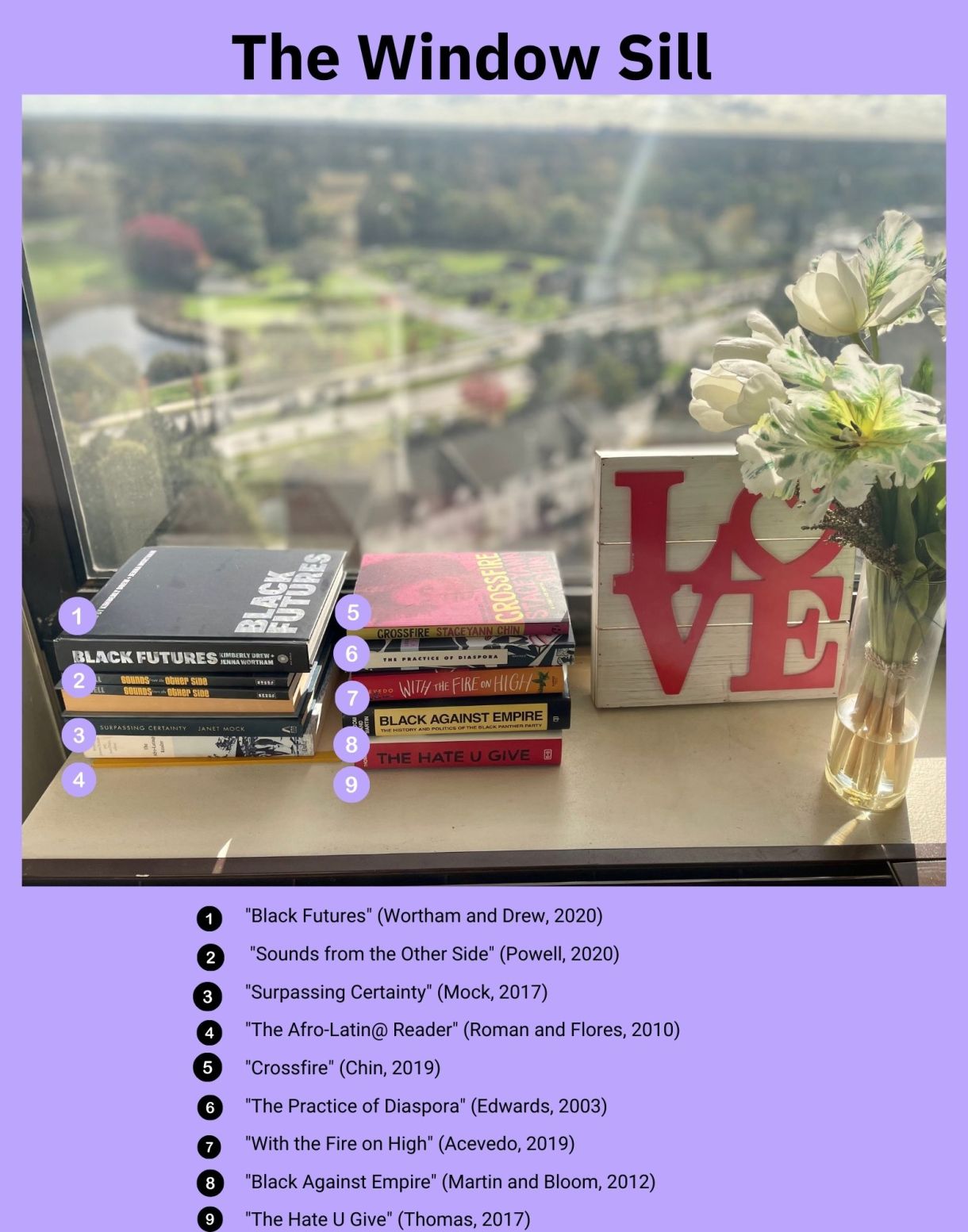 Piles of books on a windowsill