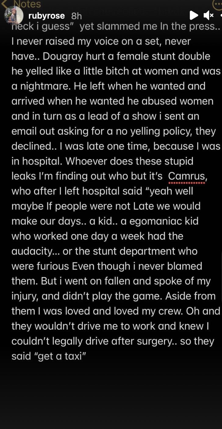Screenshot of Ruby Rose's Instagram Live from a notes app as Rose describes their reasons for leaving Batwoman (full transcript can be found at: https://www.cbr.com/batwoman-ruby-rose-horrifying-set-conditions-slams-wbtv-berlanti/)