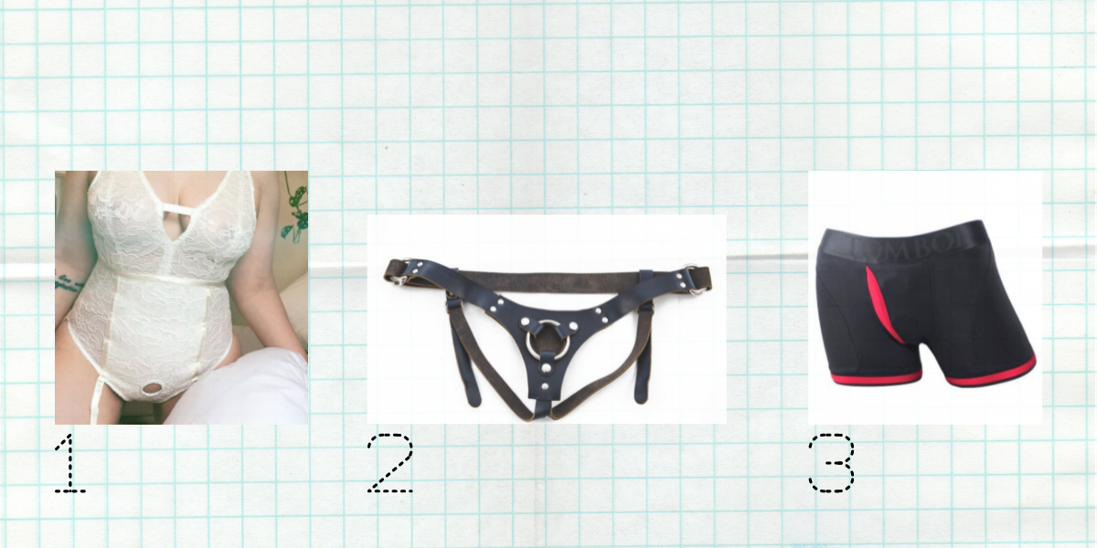 Image shows 3 different harnesses from left to right: An all white fitted bodysuit version with an O ring in the crotch, A black and silver standard version with o ring and very strong straps, and a boxer brief version with strong but firm stretch an an o ring.