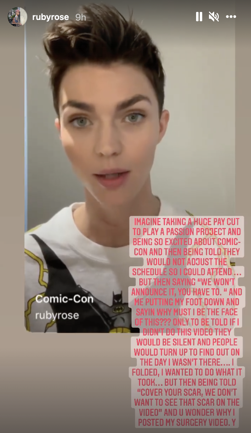 7 Screenshot of Ruby Rose's Instagram Live in bold pink font as Rose describes their reasons for leaving Batwoman (full transcript can be found at: https://www.cbr.com/batwoman-ruby-rose-horrifying-set-conditions-slams-wbtv-berlanti/)