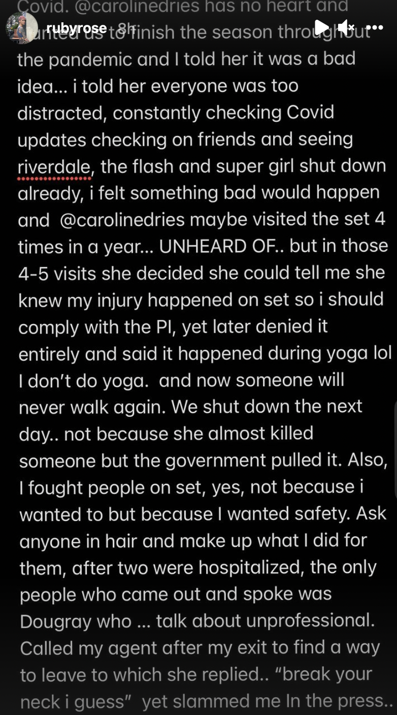 9 Screenshot of Ruby Rose's Instagram Live from a notes app as Rose describes their reasons for leaving Batwoman (full transcript can be found at: https://www.cbr.com/batwoman-ruby-rose-horrifying-set-conditions-slams-wbtv-berlanti/)