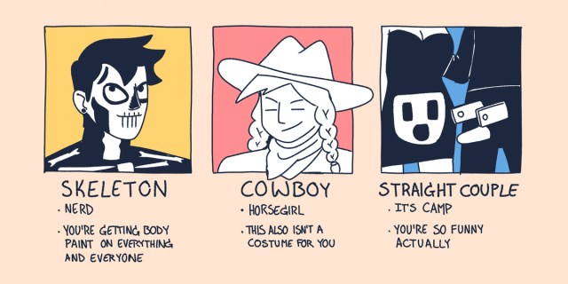 Against a peach background, a cartoon description of three different Halloween costumes and what they say about you: A Skeleton (Nerd, You're getting body paint on everything and everyone), Cowboy (horse girl, this also isn't a costume for you), Straight Couple (it's camp, you're so funny actually)
