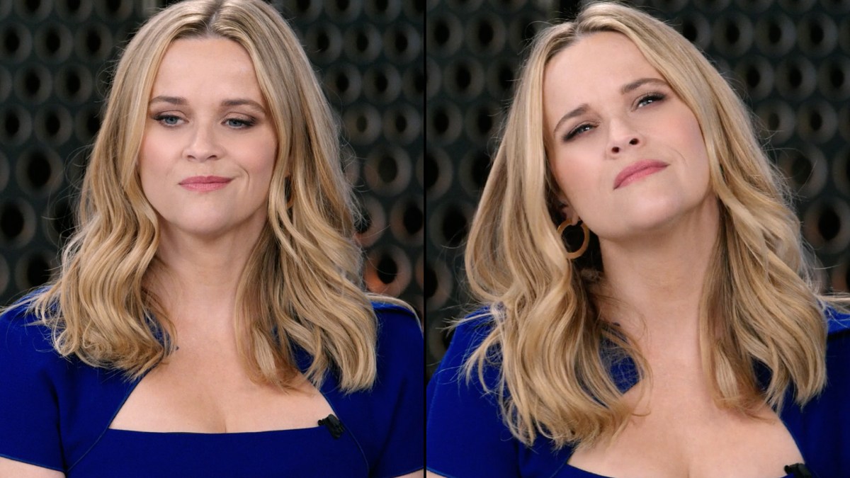 Two side by side images of Reese Witherspoon in The Morning Show