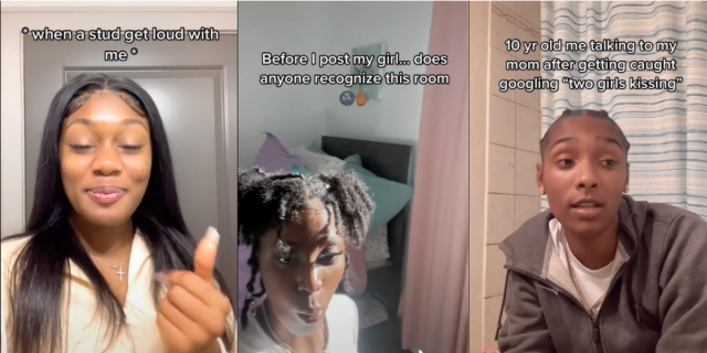 Image shows 3 images together. The first is of a Black person with long nails and a smirk and text above them that says “When a stud get loud with me”. The second is of a Black person with natural hair in pigtails and text above them that says “before I post my girl…does anyone recognize this room?”. The last is of a Black person with braids to the back and text above them that says “10 year old me talking to my mom after getting caught googling “two girls kissing”.