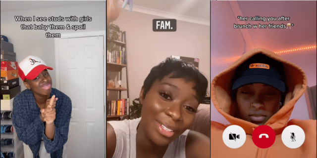 Image shows 3 images together. The first shows A Black person wearing a hat and flannel pointing at the camera with the text “When I see studs with girls that baby them and spoil them” above them. The second shows a Black person with beautifully done short hair, smiling into the camera mid sentence with the the text “FAM.” Above them. The last shows a Black person wearing a black hat with their hoodie pulled up with the text “Her calling you after brunch with her friends” above them.