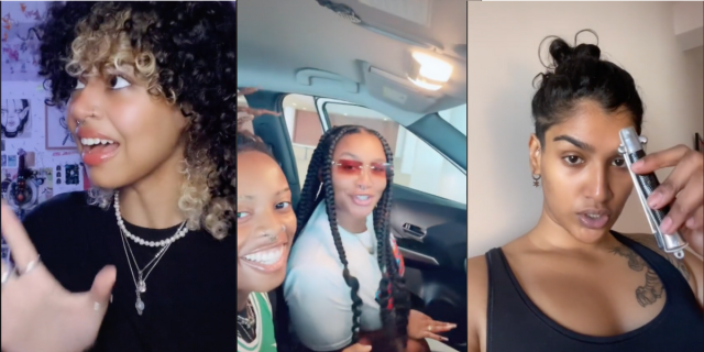 mage shows 3 images together. The first is a person looking off to the side and putting their hand up in a “stop” motion while looking slightly confused. The second is of a Black couple in a car, one smiles brighlly into the camera while the other one makes a smirk as they are in mid conversation. The last is of a person in a black tank top holding a switch comb in their hand looking deeply into the camera.